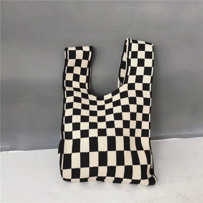 Plaid Knitting Women Shoulder Bag Hollow Out Tote Ladies Female Woven Shopper Pu