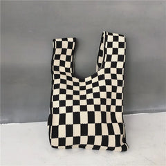 Plaid Knitting Women Shoulder Bag Hollow Out Tote Ladies Female Woven Shopper Pu
