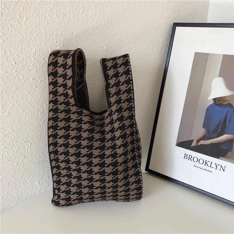 Plaid Knitting Women Shoulder Bag Hollow Out Tote Ladies Female Woven Shopper Pu