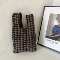 Plaid Knitting Women Shoulder Bag Hollow Out Tote Ladies Female Woven Shopper Pu