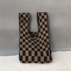 Plaid Knitting Women Shoulder Bag Hollow Out Tote Ladies Female Woven Shopper Pu