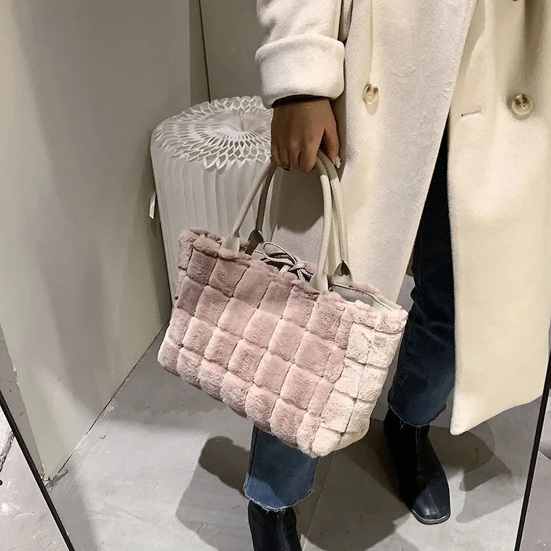 Faux Fur Plaid Shoulder Bag for Women