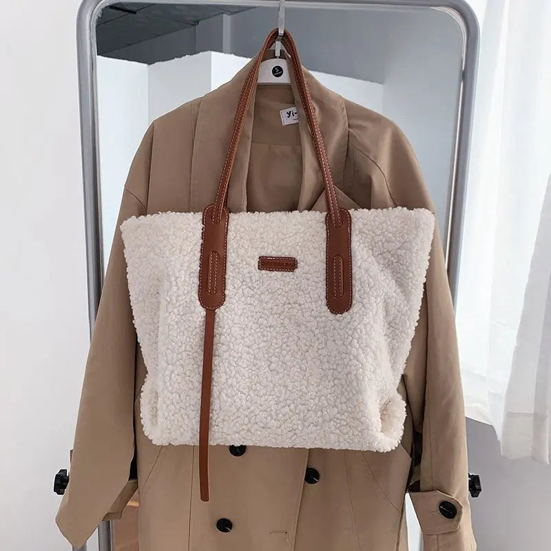 Plush Large Shoulder Bag Woman Zipper Faux Fur Ladies Handbags