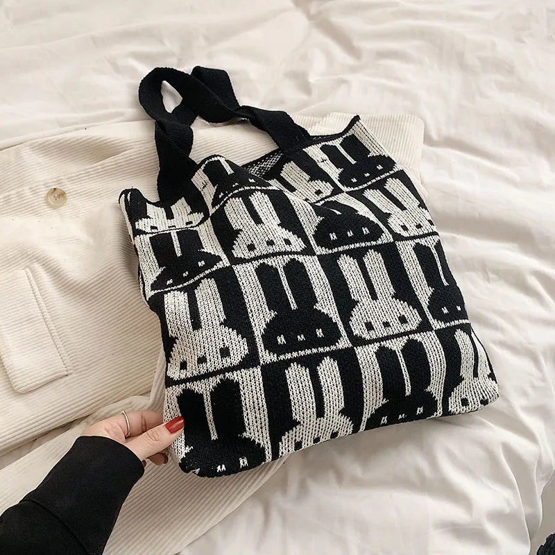Polyester Knitting Women Shoulder Bag Casual Large Tote Femme Woven Shopper