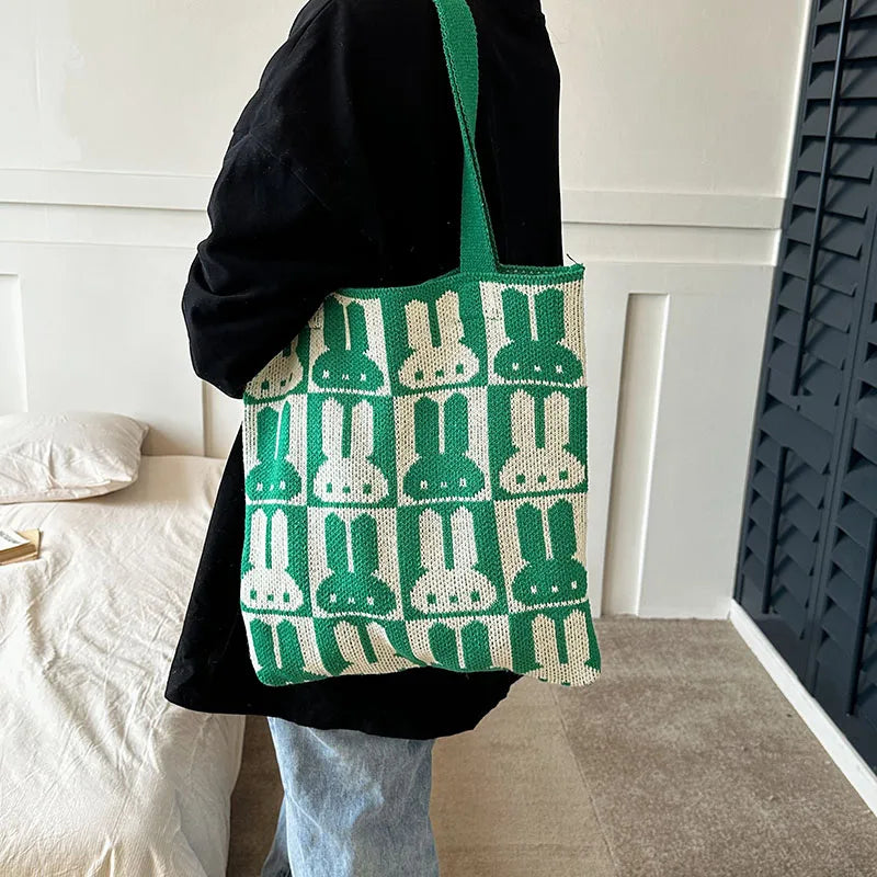 Polyester Knitting Women Shoulder Bag Casual Large Tote Femme Woven Shopper