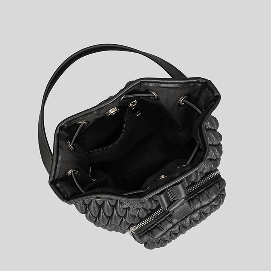 Puffy Padded Bucket Bag Women Ruched Shoulder Crossbody Lattice Handbag