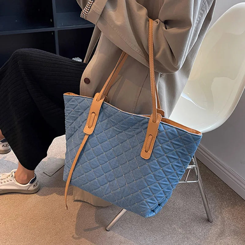 Rhombus Denim Handbags Women's Large Capacity Shoulder Bag Casual Tote Bags