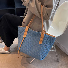 Rhombus Denim Handbags Women's Large Capacity Shoulder Bag Casual Tote Bags