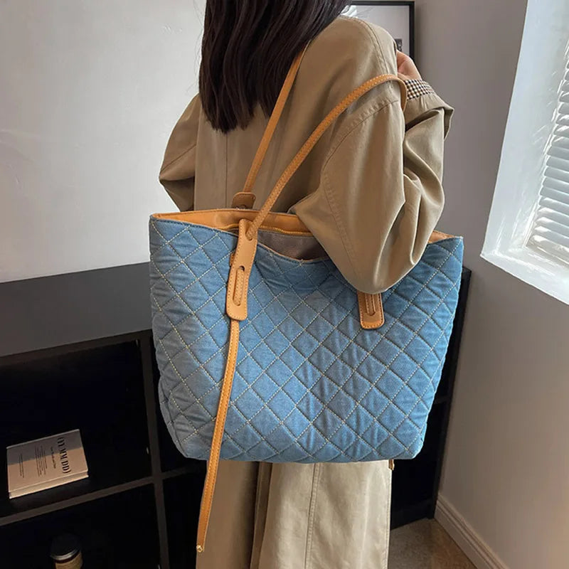 Rhombus Denim Handbags Women's Large Capacity Shoulder Bag Casual Tote Bags