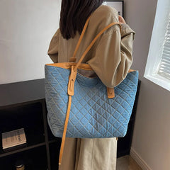 Rhombus Denim Handbags Women's Large Capacity Shoulder Bag Casual Tote Bags