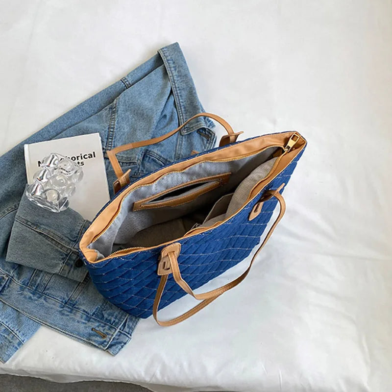 Rhombus Denim Handbags Women's Large Capacity Shoulder Bag Casual Tote Bags