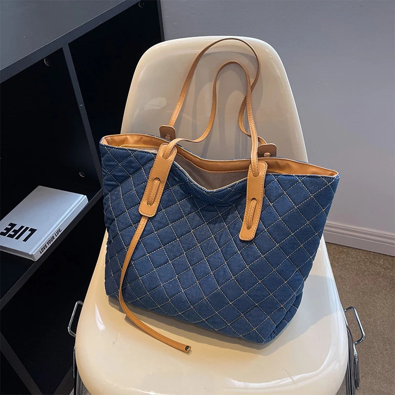 Rhombus Denim Handbags Women's Large Capacity Shoulder Bag Casual Tote Bags