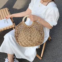 Straw Rattan Bag Women Summer Round Beach Handbag