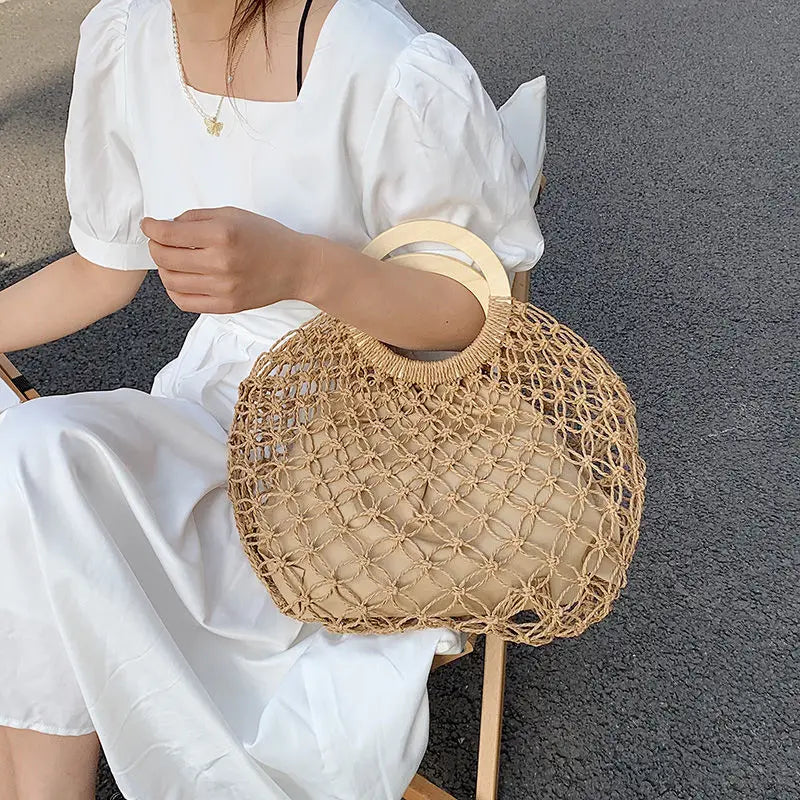 Straw Rattan Bag Women Summer Round Beach Handbag