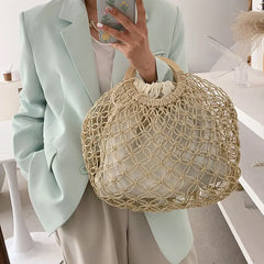 Straw Rattan Bag Women Summer Round Beach Handbag