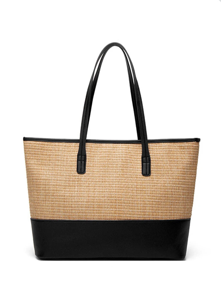 Straw Women'S Shoulder Bags Pu Contrast Shopping Bags