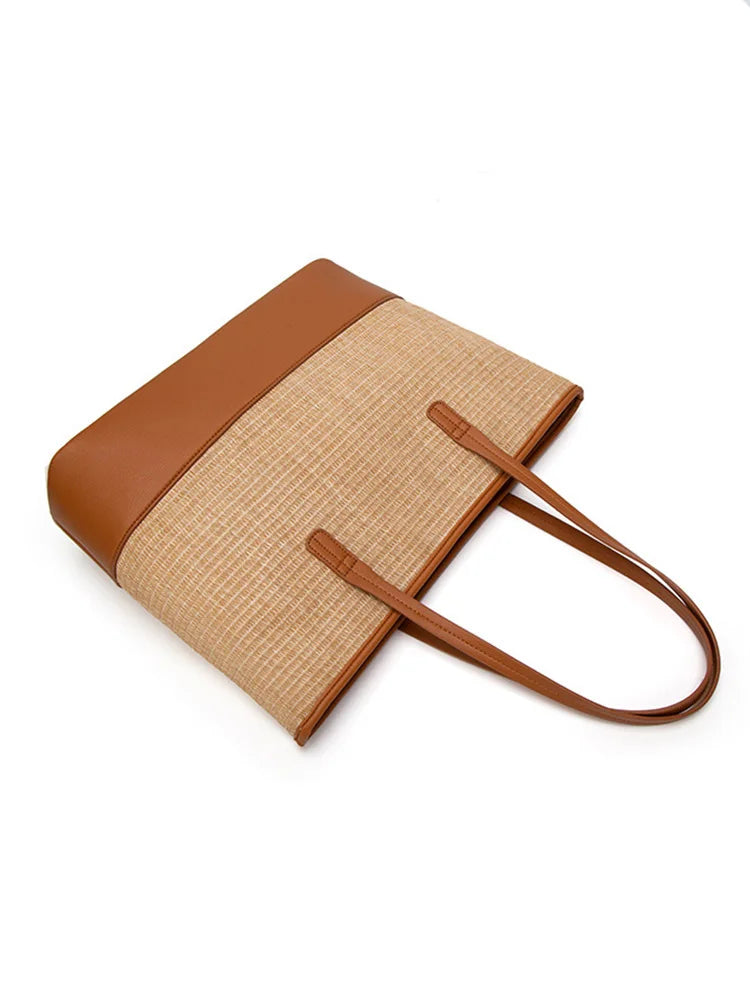 Straw Women'S Shoulder Bags Pu Contrast Shopping Bags