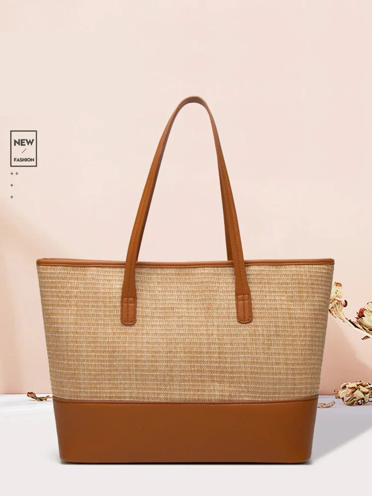 Straw Women'S Shoulder Bags Pu Contrast Shopping Bags