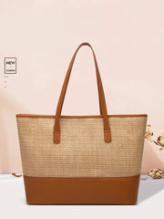 Straw Women'S Shoulder Bags Pu Contrast Shopping Bags