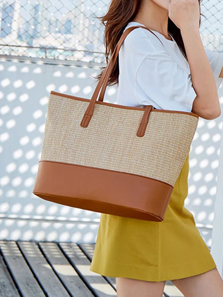 Straw Women'S Shoulder Bags Pu Contrast Shopping Bags