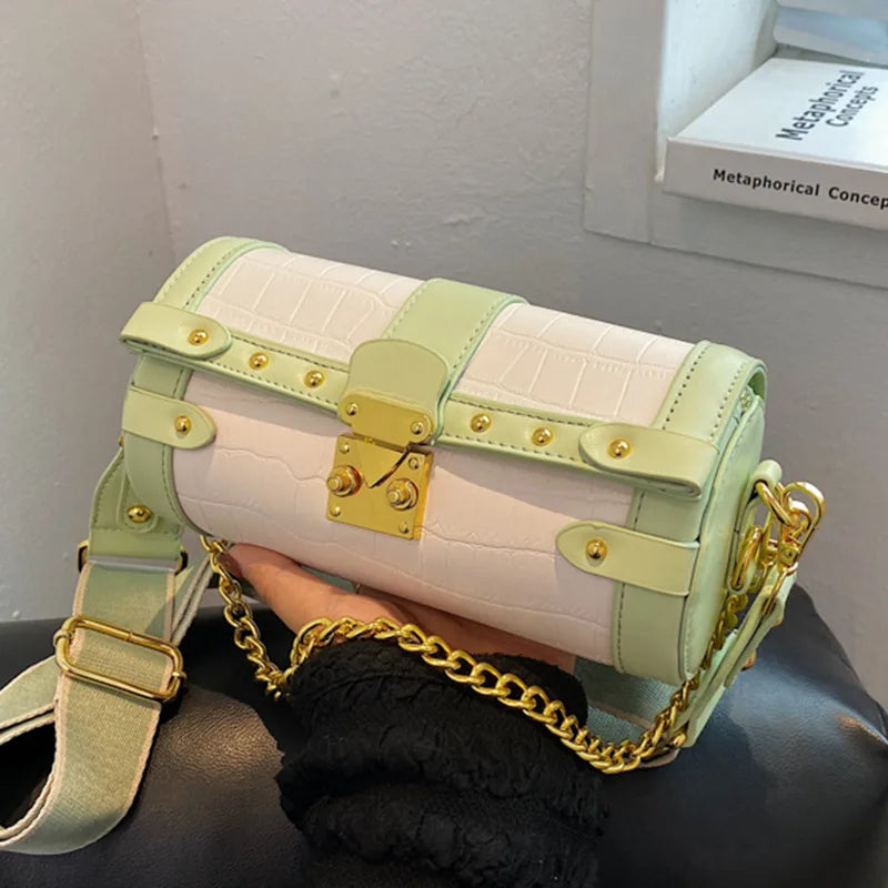 Wide Shoulder Strap Small Cylinder Purses Panelled Chain Crossbody Bags