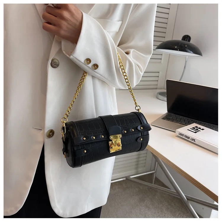 Wide Shoulder Strap Small Cylinder Purses Panelled Chain Crossbody Bags