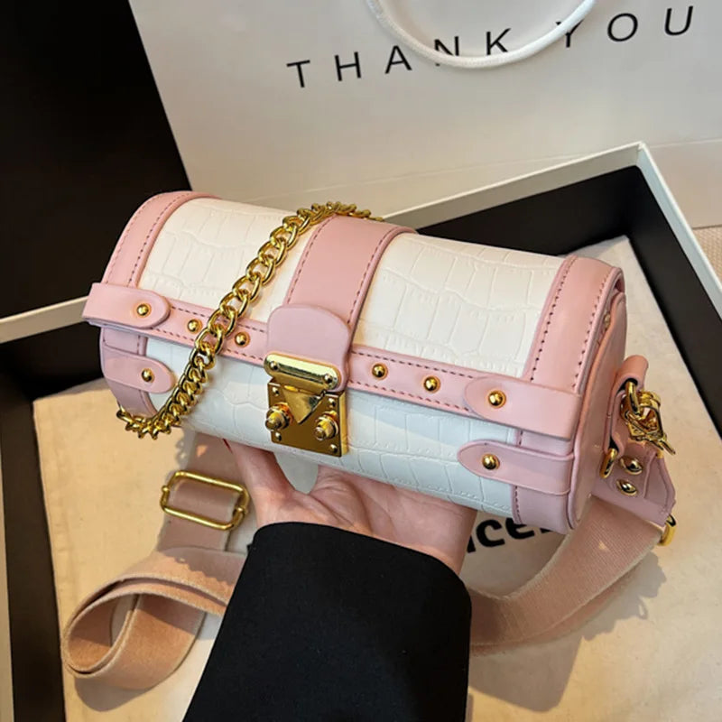 Wide Shoulder Strap Small Cylinder Purses Panelled Chain Crossbody Bags