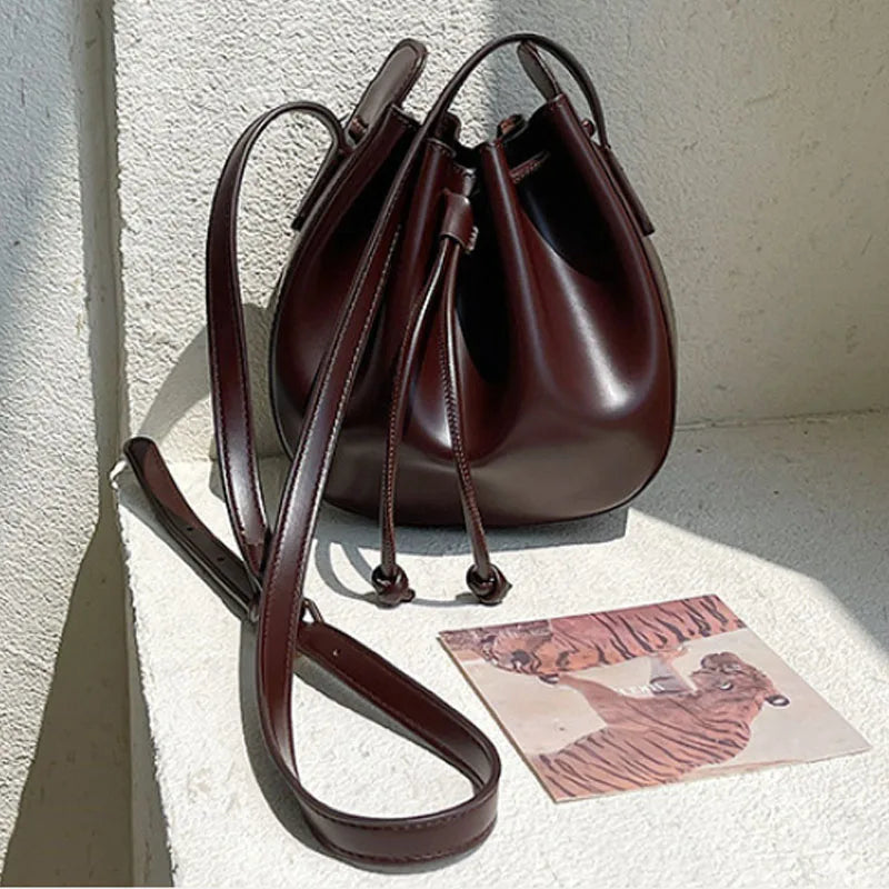 Pleated Bucket Bag Drawstring Women Handbag Shoulder Messenger Bag