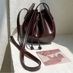 Pleated Bucket Bag Drawstring Women Handbag Shoulder Messenger Bag
