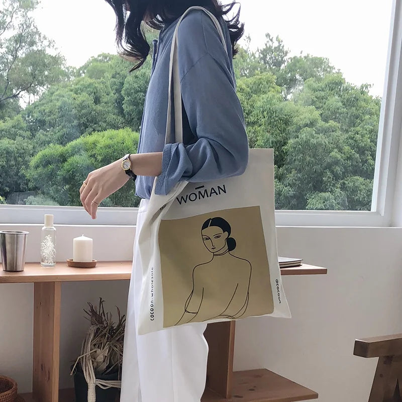 Women Canvas Handbags Abstract Figure Tote Bag Harajuku Shoulder Bag
