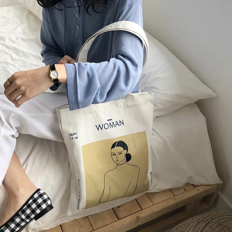 Women Canvas Handbags Abstract Figure Tote Bag Harajuku Shoulder Bag