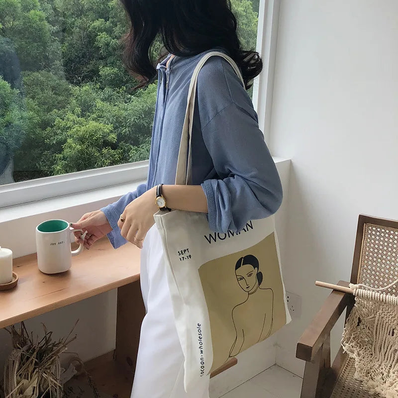 Women Canvas Handbags Abstract Figure Tote Bag Harajuku Shoulder Bag