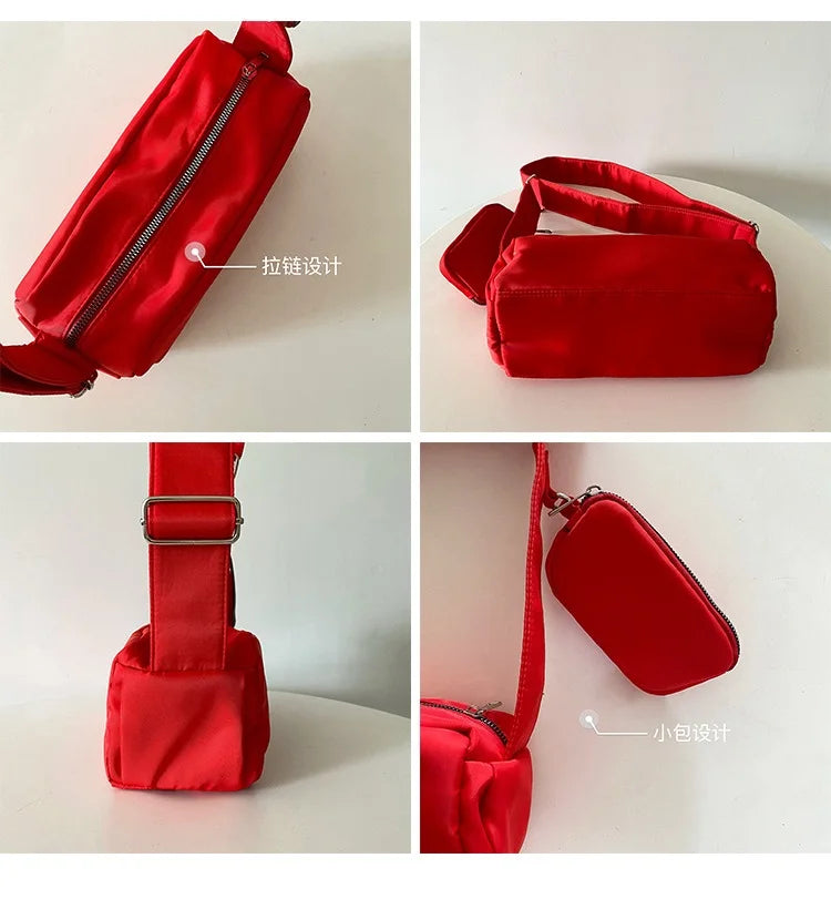 Women Shoulder Bag Nylon Crossbody Messenger Handbags Set Wallet Red