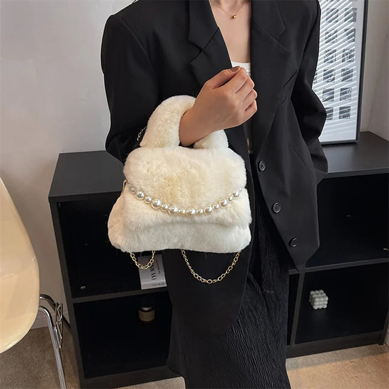 Women's Mink Fur Tramp Shoulder Bag Winter Furry Tote Handbag
