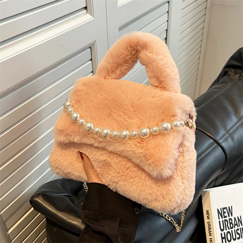 Women's Mink Fur Tramp Shoulder Bag Winter Furry Tote Handbag