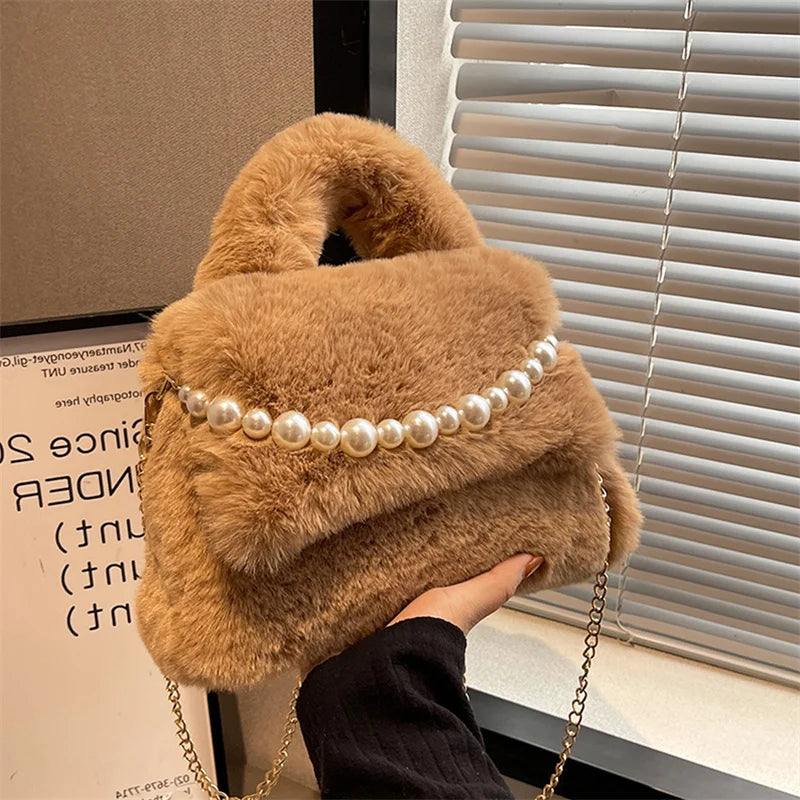 Women's Mink Fur Tramp Shoulder Bag Winter Furry Tote Handbag