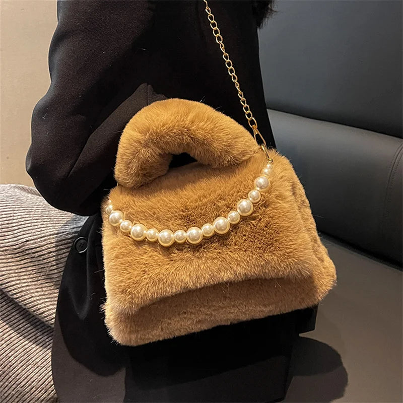 Women's Mink Fur Tramp Shoulder Bag Winter Furry Tote Handbag