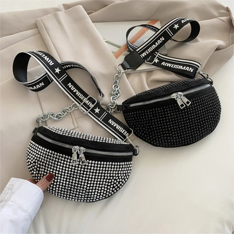 Diamond Studded Women's Belt Bag High Chest Pack Waist Bag Crossbody Bags