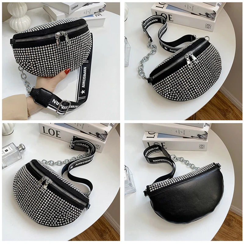 Diamond Studded Women's Belt Bag High Chest Pack Waist Bag Crossbody Bags