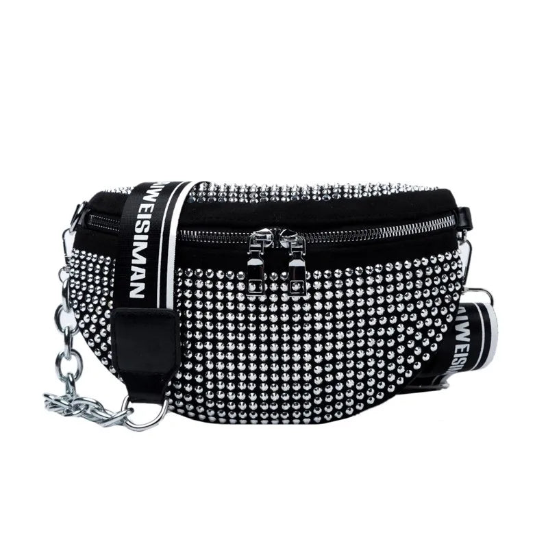Diamond Studded Women's Belt Bag High Chest Pack Waist Bag Crossbody Bags