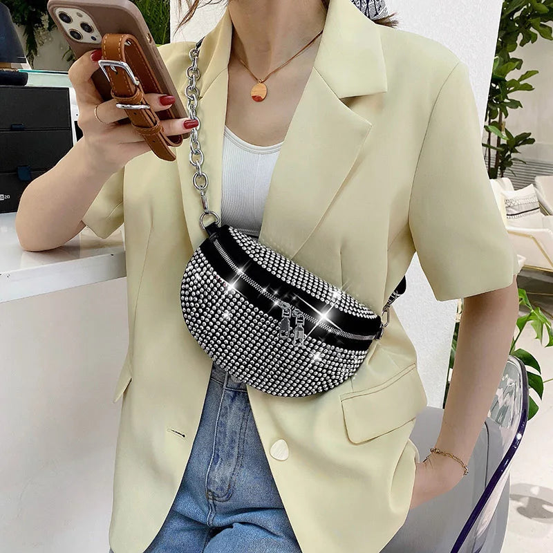 Diamond Studded Women's Belt Bag High Chest Pack Waist Bag Crossbody Bags