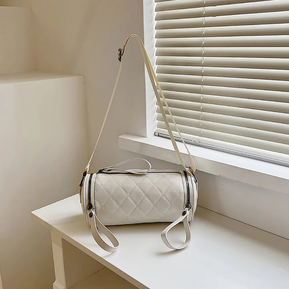 Diamond Lattice Leather Cylinder Pillow Bag for Women Shoulder Messenger Handbag