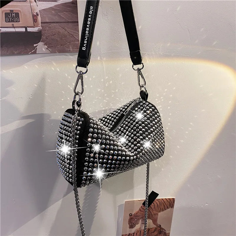 Diamonds Women Shoulder Bags Small PU Leather Barrel Shaped Handbags