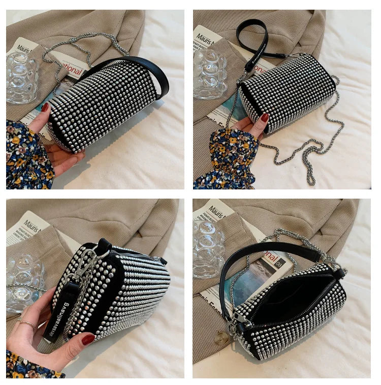 Diamonds Women Shoulder Bags Small PU Leather Barrel Shaped Handbags