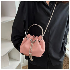 Diamonds Tassel Evening Clutch Bag Metal Ring Handle Crystal Bucket Purse