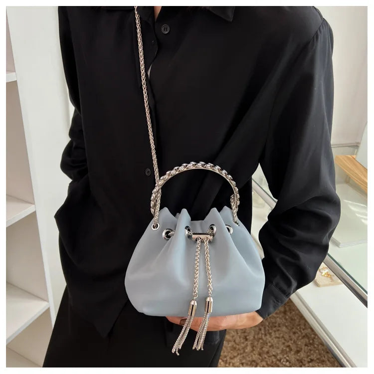 Diamonds Tassel Evening Clutch Bag Metal Ring Handle Crystal Bucket Purse