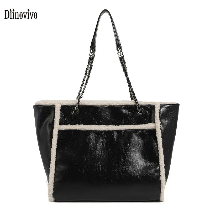 Winter Large Capacity Tote Bag Chain PU Leather Women Bags