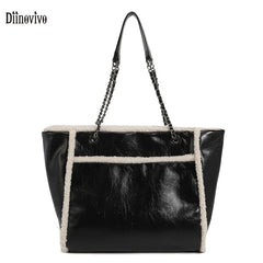 Winter Large Capacity Tote Bag Chain PU Leather Women Bags