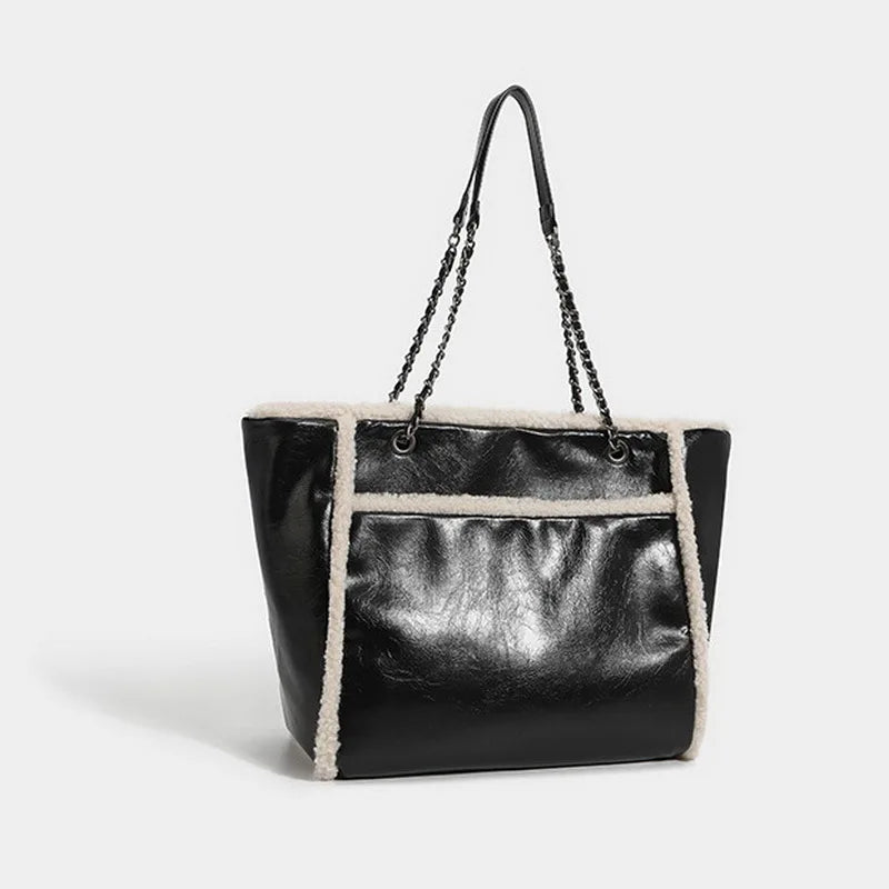 Winter Large Capacity Tote Bag Chain PU Leather Women Bags