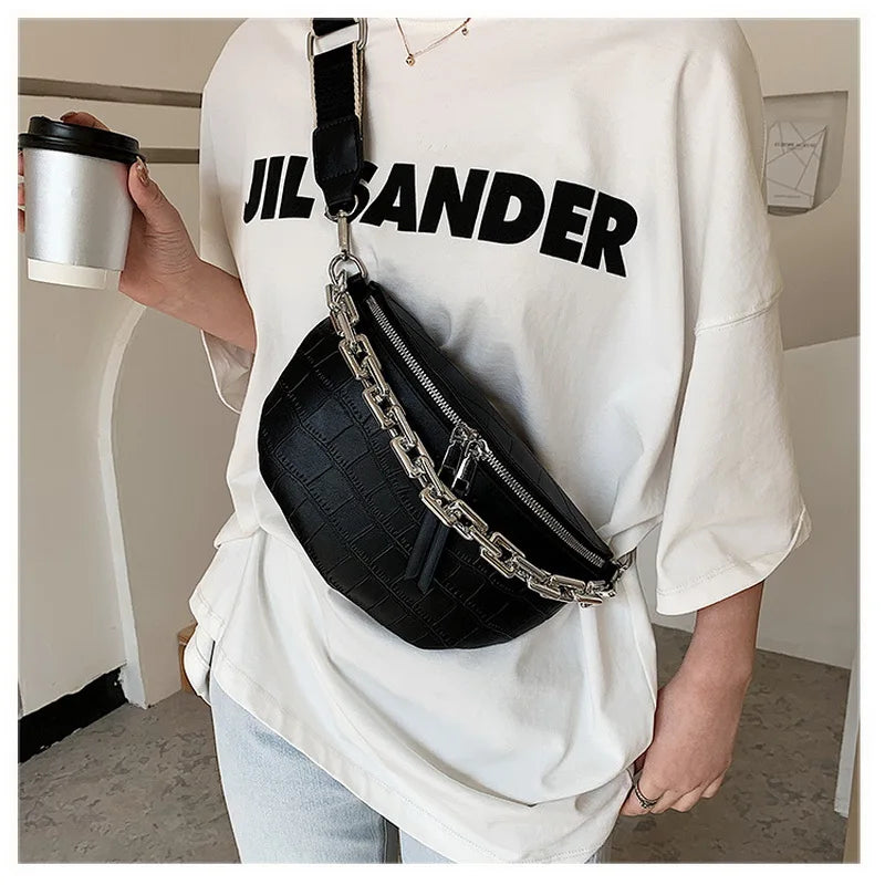 Crocodile Waist Bag Thick Chain Shoulder Bag Female Belt Bag Fanny Pack